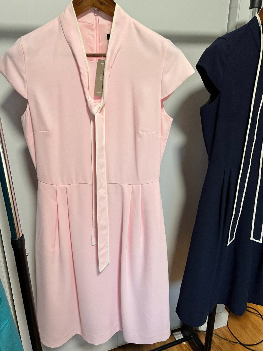 SIZE 8 TALL - pink mad men style crepe dress with cream piping on bow - nwt